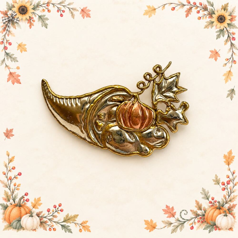 Gold Tone Cornucopia Brooch Copper Pumpkin Fall Harvest Thanksgiving Pin CP211